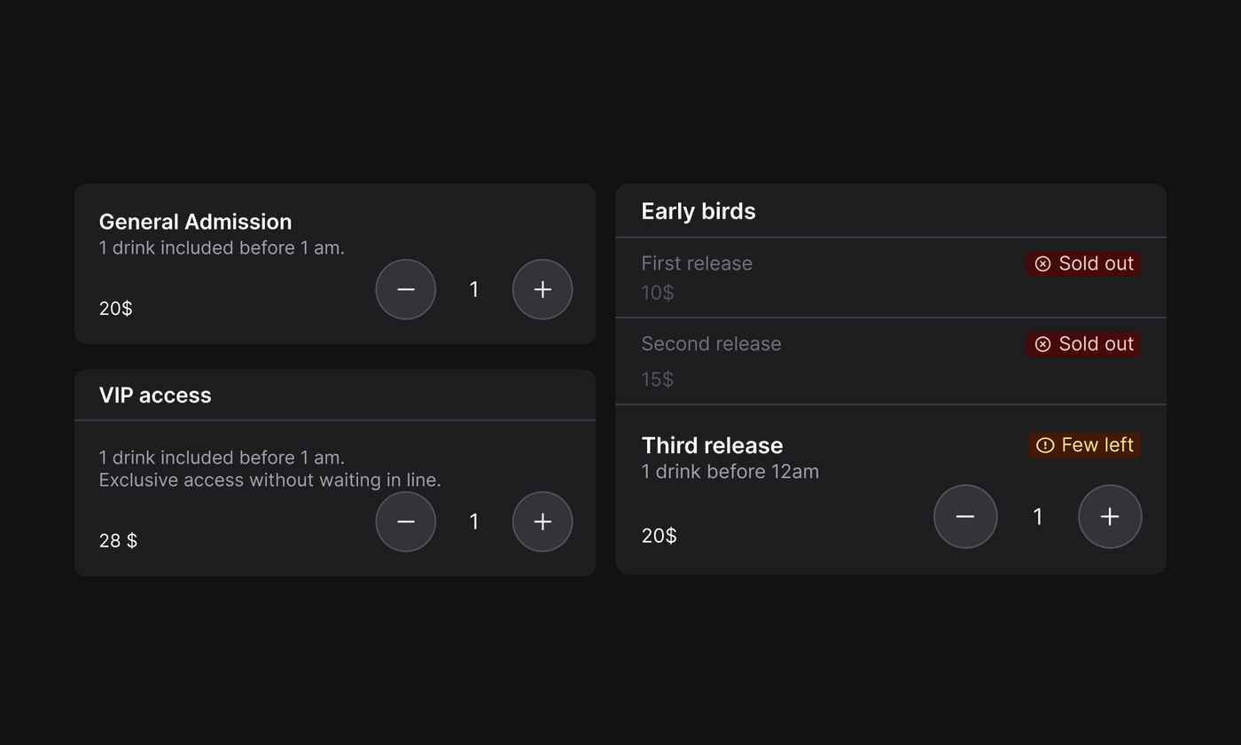 Alt="Ticket selector showing ticket types, prices, and availability."