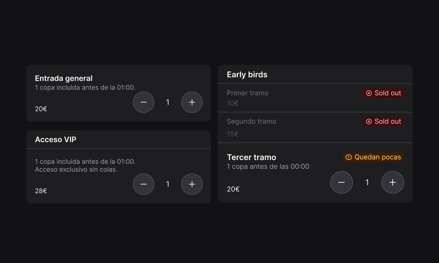 Alt="Selector de entradas con tipos de acceso, precios y disponibilidad."