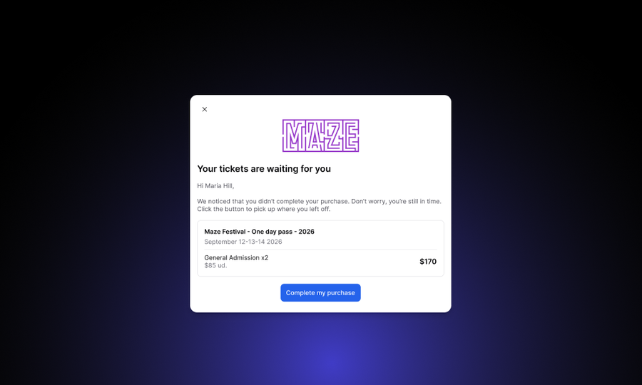 Abandoned cart email encouraging customers to complete their ticket purchase.