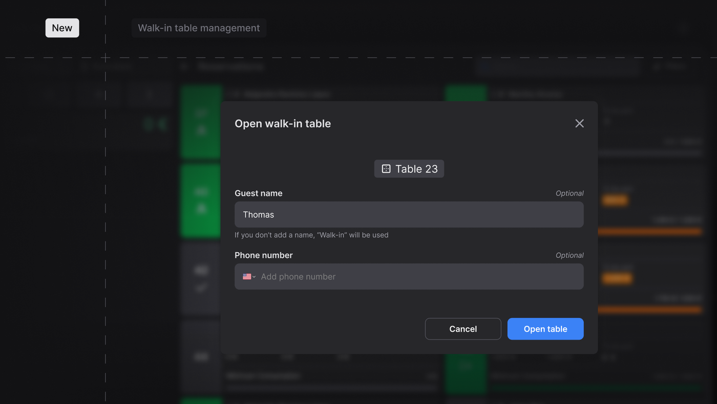 Open walk-in table modal in Fourvenues POS with guest name and phone number fields