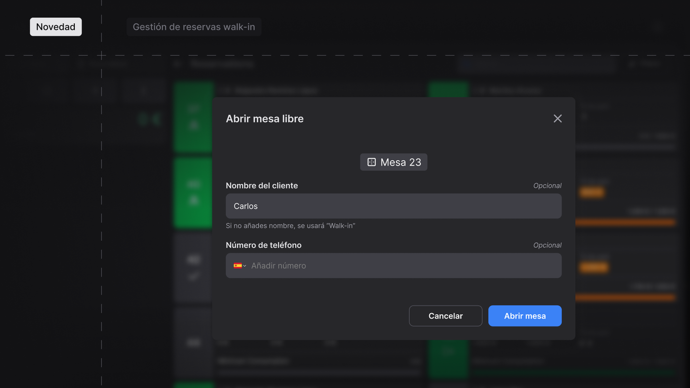 Modal para abrir una mesa walk-in en el TPV de Fourvenues con campos de nombre y teléfono del cliente