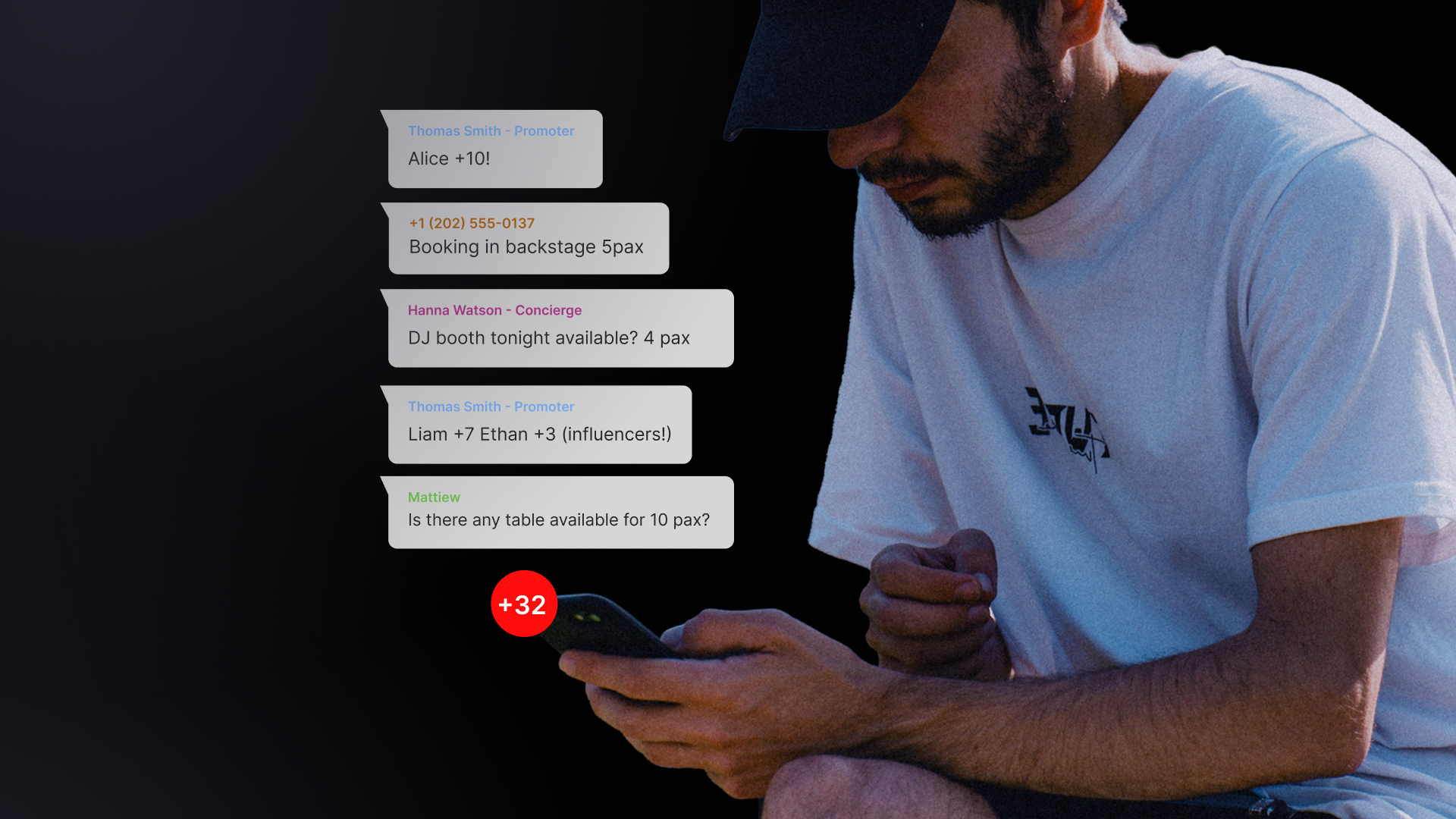 alt="A young man looking at his cell phone, surrounded by floating chat bubbles with urgent requests from PRs and clients for VIP guest lists and nightclub table reservations."