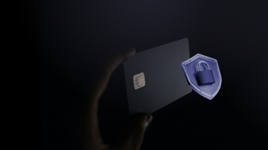 Credit card with a security shield symbol representing protection against chargebacks and payment fraud.