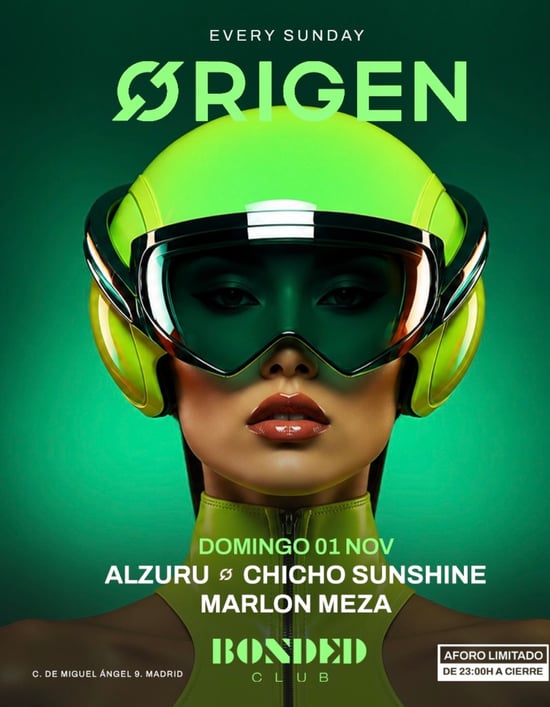 Flyer for ØRIGEN - Domingo Bonded at Bonded Club (Madrid), Sunday 1 November 2026