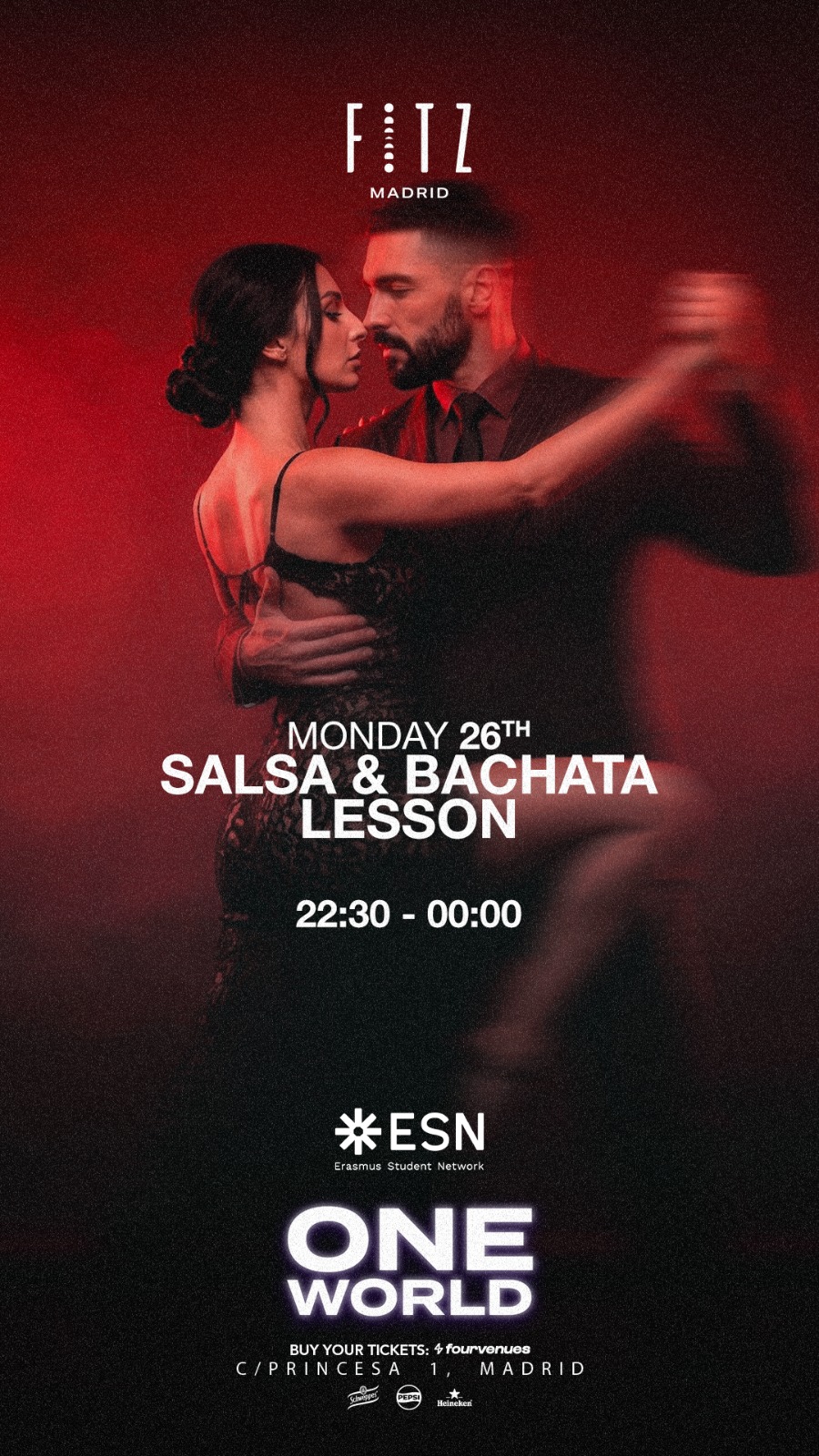Flyer de ONE WORLD - Salsa & Bachata Lessons by ESN en Fitz Madrid (Madrid), lunes 26 de octubre de 2026