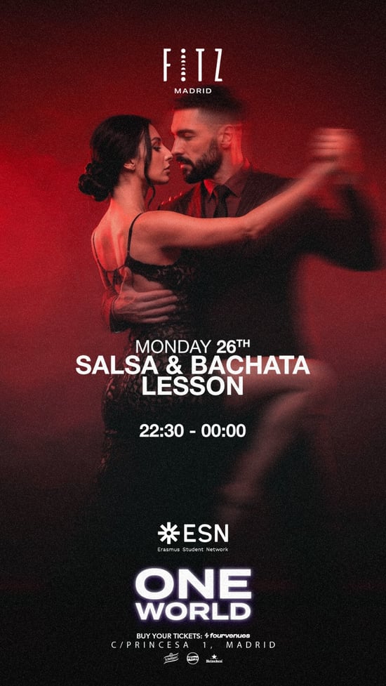Flyer de ONE WORLD - Salsa & Bachata Lessons by ESN en Fitz Madrid (Madrid), lunes 26 de octubre de 2026