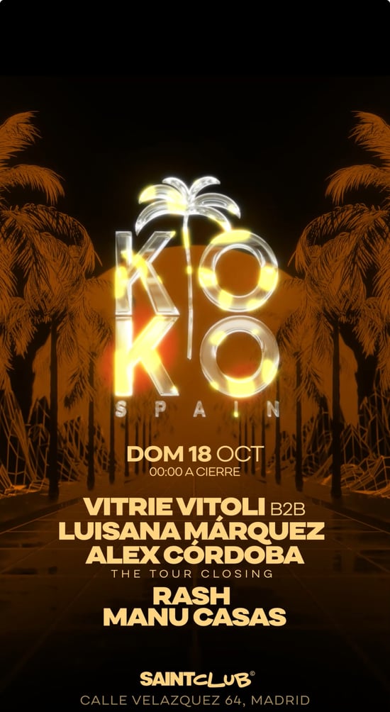 Flyer de KOKO SPAIN X SAINT CLUB en Saint Club (Madrid), domingo 18 de octubre de 2026