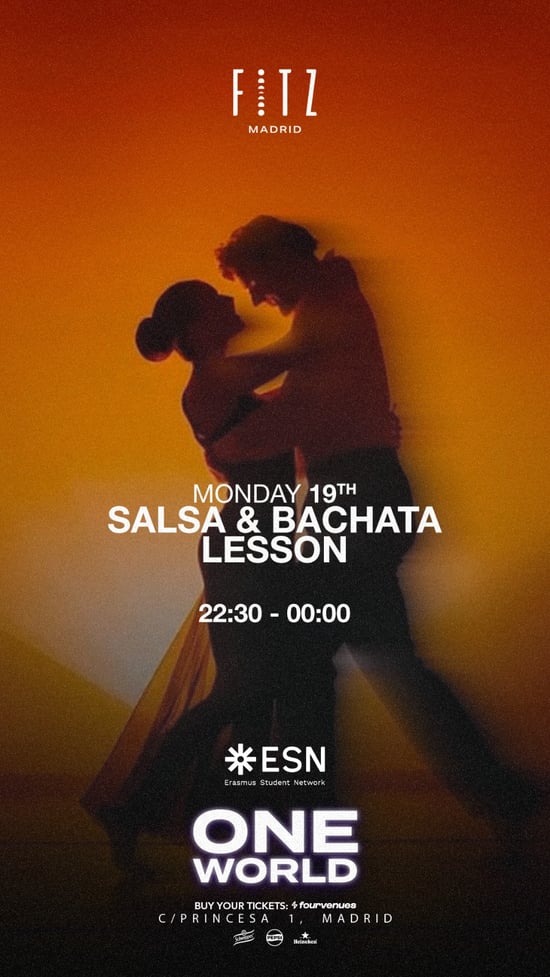 Flyer de ONE WORLD - Salsa & Bachata Lessons by ESN en Fitz Madrid (Madrid), lunes 19 de octubre de 2026