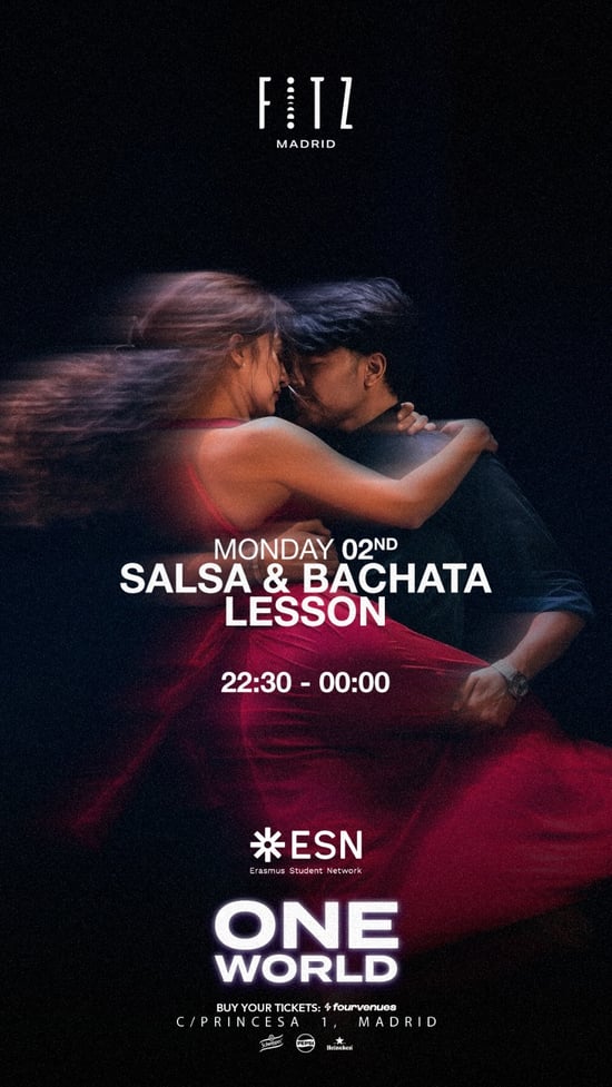 Flyer for ONE WORLD - Salsa & Bachata Lessons by ESN at Fitz Madrid (Madrid), Monday 2 November 2026